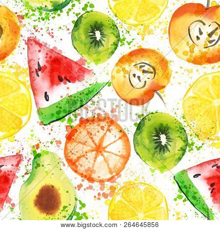 Set Of Fresh Fruit Watercolor Objects. Watercolored Apple, Citruses, Avocado And Qiwi In One Art Col
