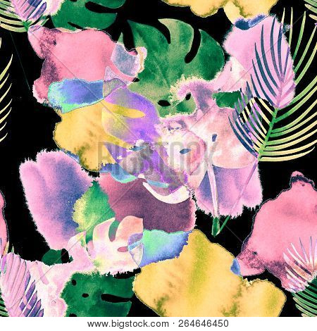 Tropical Watercolor Seamless Pattern, Botanical Fabric Background. Monstera Leaves Exotic Textile De