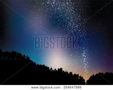 Night Starry Landscape Vector Background. Universe Illustration With Silhouette Of Trees And Hill. C