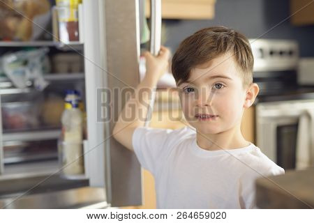 Young White Boy Standing In Front Of Open Refrigerator.