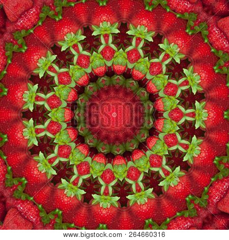 Red Fruit Background.  Fresh Ripe Red Strawberry With Green Leaves, Close-up, Full Frame, Macro