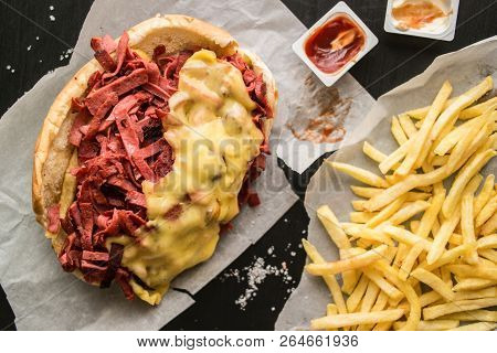 Kumru Sandwich With Sausage, Ham, Cheddar And Potatoes, (fast Food Concept.)