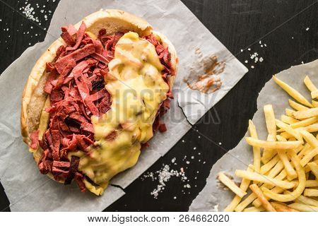 Kumru Sandwich With Sausage, Ham, Cheddar And Potatoes, (fast Food Concept.)