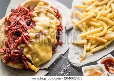 Kumru Sandwich With Sausage, Ham, Cheddar And Potatoes, (fast Food Concept.)