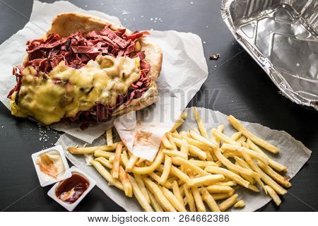 Kumru Sandwich With Sausage, Ham, Cheddar And Potatoes, (fast Food Concept.)