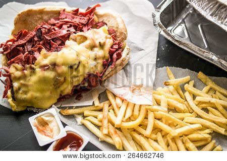 Kumru Sandwich With Sausage, Ham, Melted Cheese And Potatoes, (fast Food Concept.)