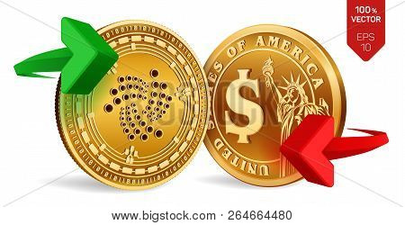 Iota To Dollar Currency Exchange. Iota. Dollar Coin. Cryptocurrency. Golden Coins With Iota And Doll