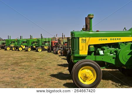 Pekin, North Dakota, September 2, 20189: The John Deere 730 Two Cylinder And Various Tractors Are Di