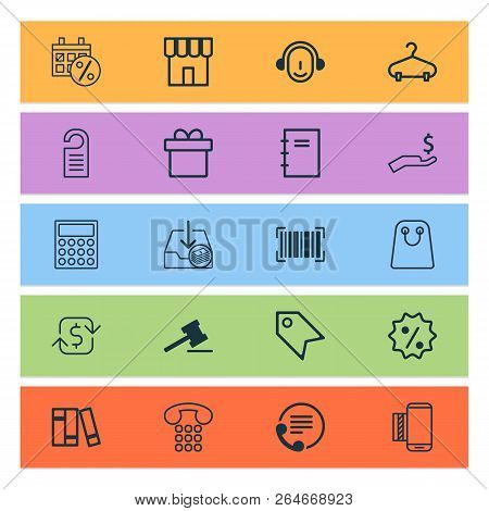 E-commerce Icons Set With Hanger, Sales Day, Microcomputer And Other Shop Elements. Isolated  Illust