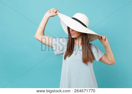 Portrait Of Elegant Fashion Beautiful Young Woman In White Summer Large Wide Brim Sun Hat, Dress Put
