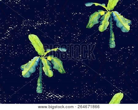 Indigo Exotic Pattern. Monstera Leaves And Hibiscus Flowers In Summer Print.  Saturated Large Floral