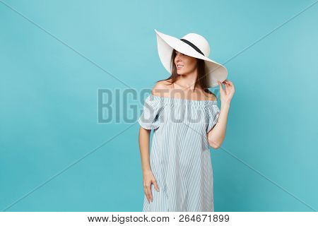 Portrait Of Elegant Fashion Beautiful Young Woman In White Summer Large Wide Brim Sun Hat, Dress Put