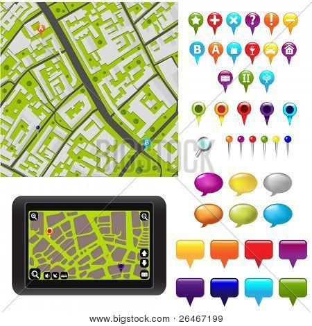 地図と GPS アイコン、ベクトル イラスト