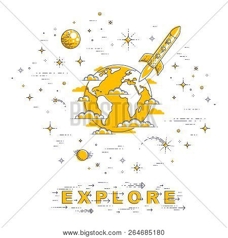 Planet Earth In Space Surrounded By Stars, Rockets, Asteroids And Other Elements. Small Earth In End