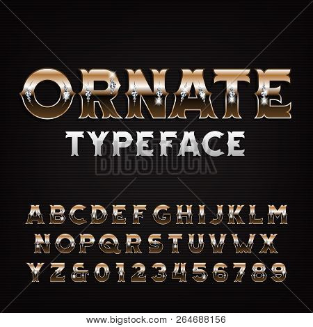 Ornate Alphabet Font. Golden Letters And Numbers With Diamonds. Stock Vector Typescript For Your Des