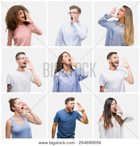 Collage of group of young people woman and men over white solated background shouting and screaming loud to side with hand on mouth. Communication concept.