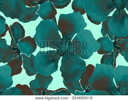 Hawaiian Watercolor Pattern. Indigo Blue Floral Tropical Seamless Print. Hibiscus And Oleander In Ha