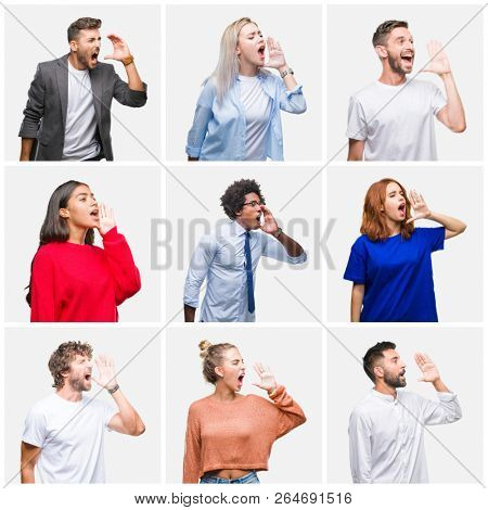 Collage of group of young people woman and men over isolated background shouting and screaming loud to side with hand on mouth. Communication concept.