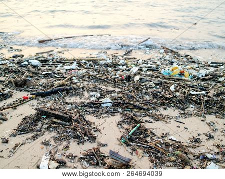 Rubber Foam Plastic And Waste Pollution On Beach