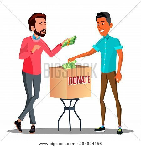 Two Businessmen Putting Money In A Donation Box Vector. Isolated Illustration