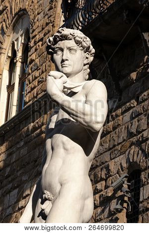 Statue Of The David Of Michelangelo Buonarroti, Masterpiece Of Renaissance Sculpture In Piazza Della
