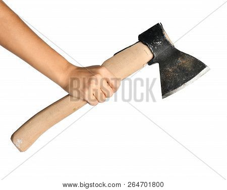 Woman Hand Hold Steel Axe With Wooden Handle Isolated On A White Background