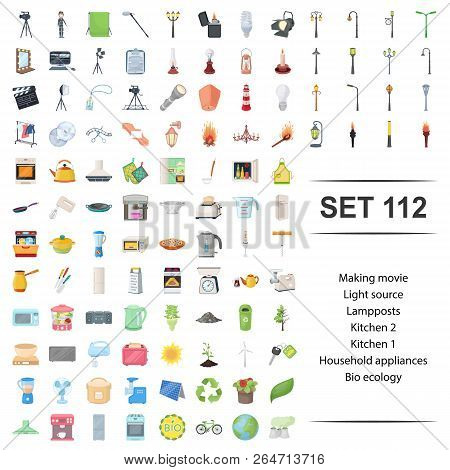 Vector Illustration Of Making Movie, Light, Source, Lamp Post, Kitchen Household Appliances Bio Ecol