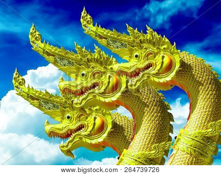 Gold Naga Three Heads Blue Sky White Cloud