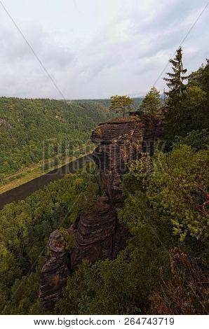 Aerial View From Belveder Viewpoint (labska Stran) Over The Elbe River With Elbe Sandstone Mountains