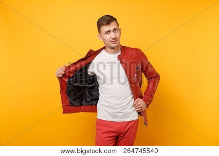 Portrait Vogue Shocked Handsome Young Man 25-30 Years In Red Leather Jacket, T-shirt Standing Isolat