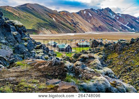 Landmannalaugar, Iceland - July 6, 2018 : Tents And Camping At Landmannalaugar In Highlands Of Icela