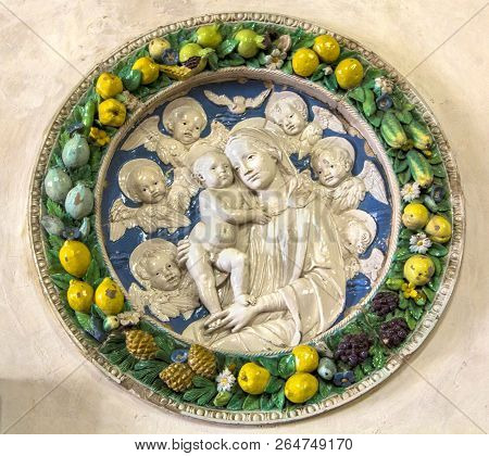 Florence, Italy - June 26, 2018: Element Of Decor Della Robbia Madonna With Child In Church Oratorio