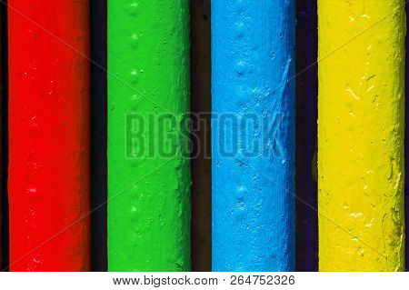 Pipes Painted In Colors Of Famous Software Manufacturer Logo. Corporation Logo Concept. Red, Green, 