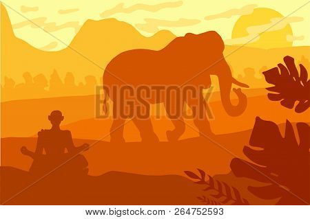Indian Landscape With Elephant And Yog. Tropical Wildlife Panorama. Natural Scene In Yellow, Brown A
