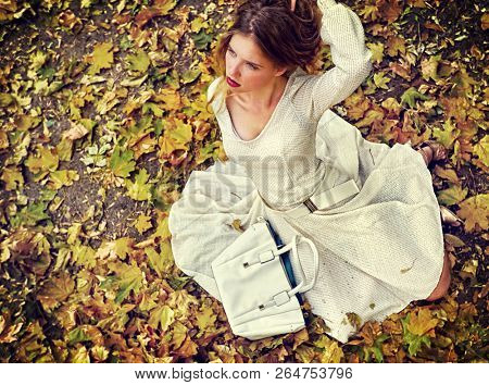 Autumn fashion feminity lace dress with long sleeve below knee in princess style. Top view of woman dramatic look sitting on fall leaves in city park outdoor. Model posing in front of camera.