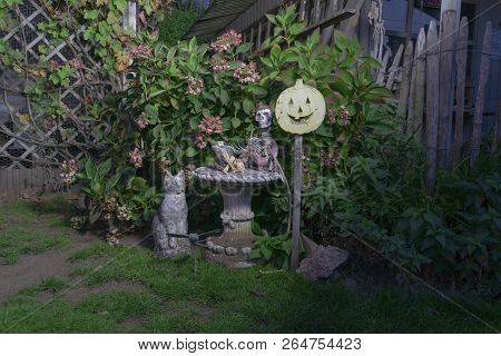Halloween Scene At Night, A Scelet, Coffin And Pumpkin Head On A Stick. Skeleton And Bones. With The