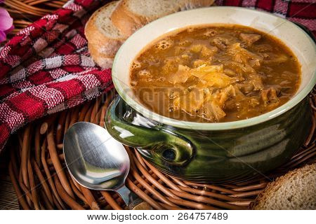 Traditional Russian Sour Cabbage Soup.