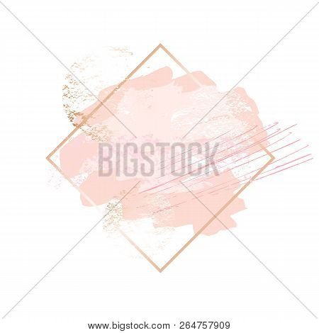 Golden Pink Nude Art Frames. Modern Card Design, Brush Stroke, Lines, Points, Gold, Premium Brochure