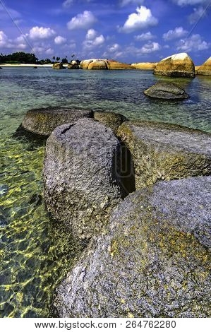 View Of A Group Of Big Stones On The Tanjung Tinggi Beach From Island Belitung/indonesia/