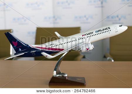 Borispol, Ukraine - October 05, 2018: Model Of The 4l-mwa Myway Airlines Boeing 737-800 Aircraft