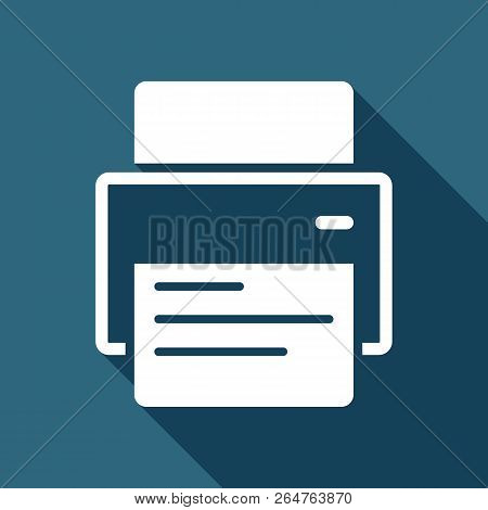 Printer And Paper. White Flat Icon With Long Shadow On Background