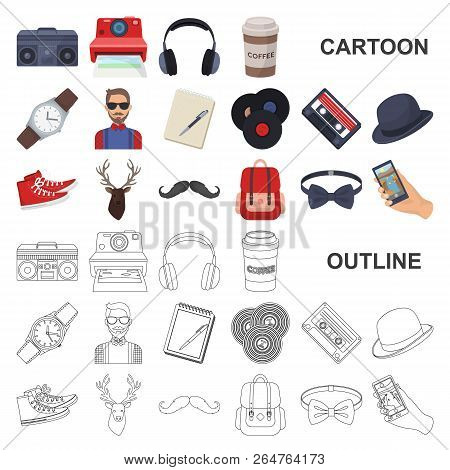 Style Hipster Cartoon Icons In Set Collection For Design. Hipster Attributes And Accessories Vector 