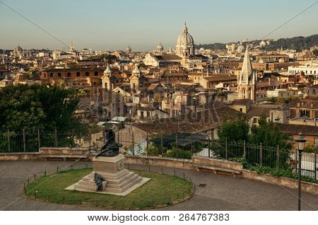 Rome city skyline with historical architectures viewed from Pincio Hill terrace. Italy.