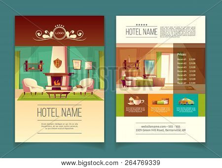 Cartoon Colorful Brochure, Advertising Leaflet With Hotel Apartments, Rooms With Furniture, Interior