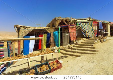 Stores Selling Souvenirs In The Desert With Colorful Rugs And Scarves In The Area Of Ong Jemel, Tuni