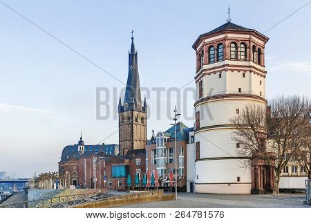View Of Dusseldorf Historic Center With Old Castle Tower And St Lambertus Church, Germany