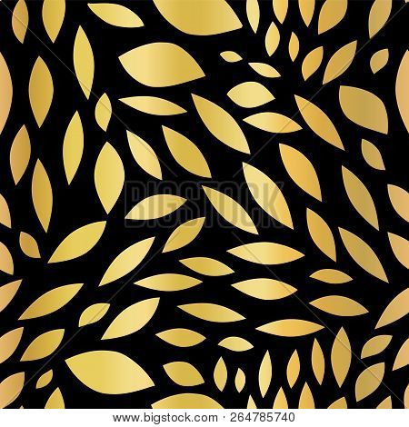 Gold Foil Shapes Biconvex On Black Seamless Vector Abstract Background . Golden Pattern. Convex Scat