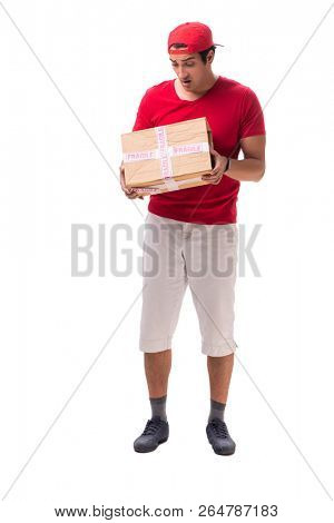 Handsome contractor holding fragile box isolated on white 