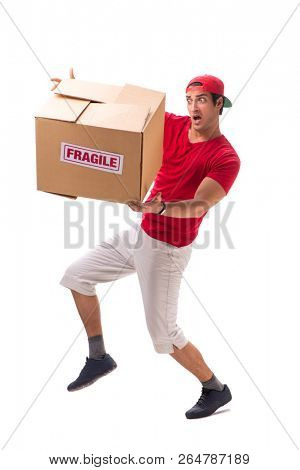Handsome contractor holding fragile box isolated on white 