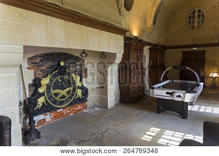 Mello, France - August 28, 2018: Table For Air Hockey In The Fireplace Room Of The Old Castle. Castl